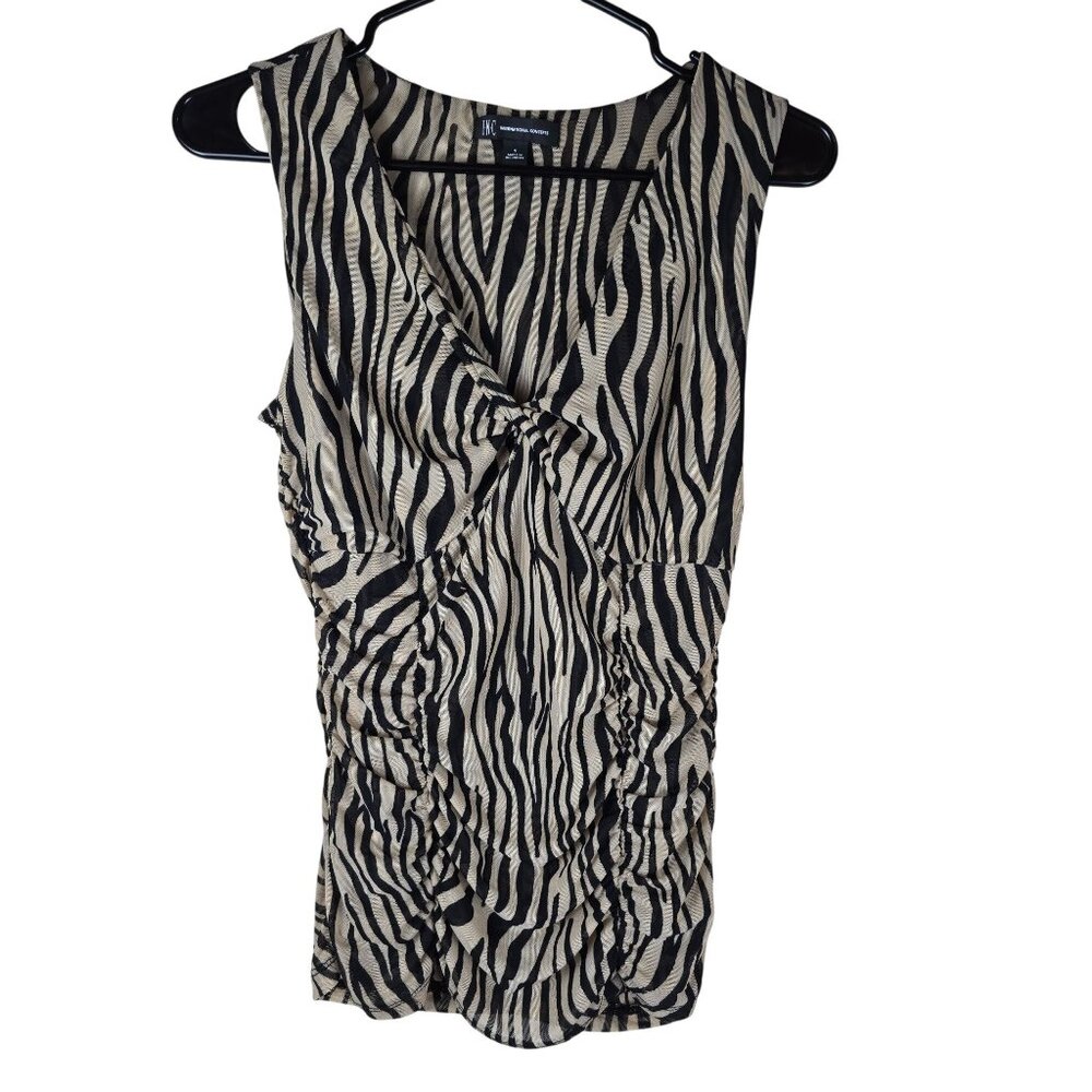 Zebra Print Sleeveless Ruched Top‎ By INC Small Beige & Black
